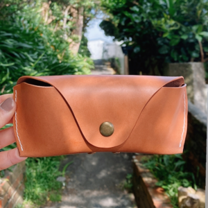 Pink leather glasses case - front and inside view