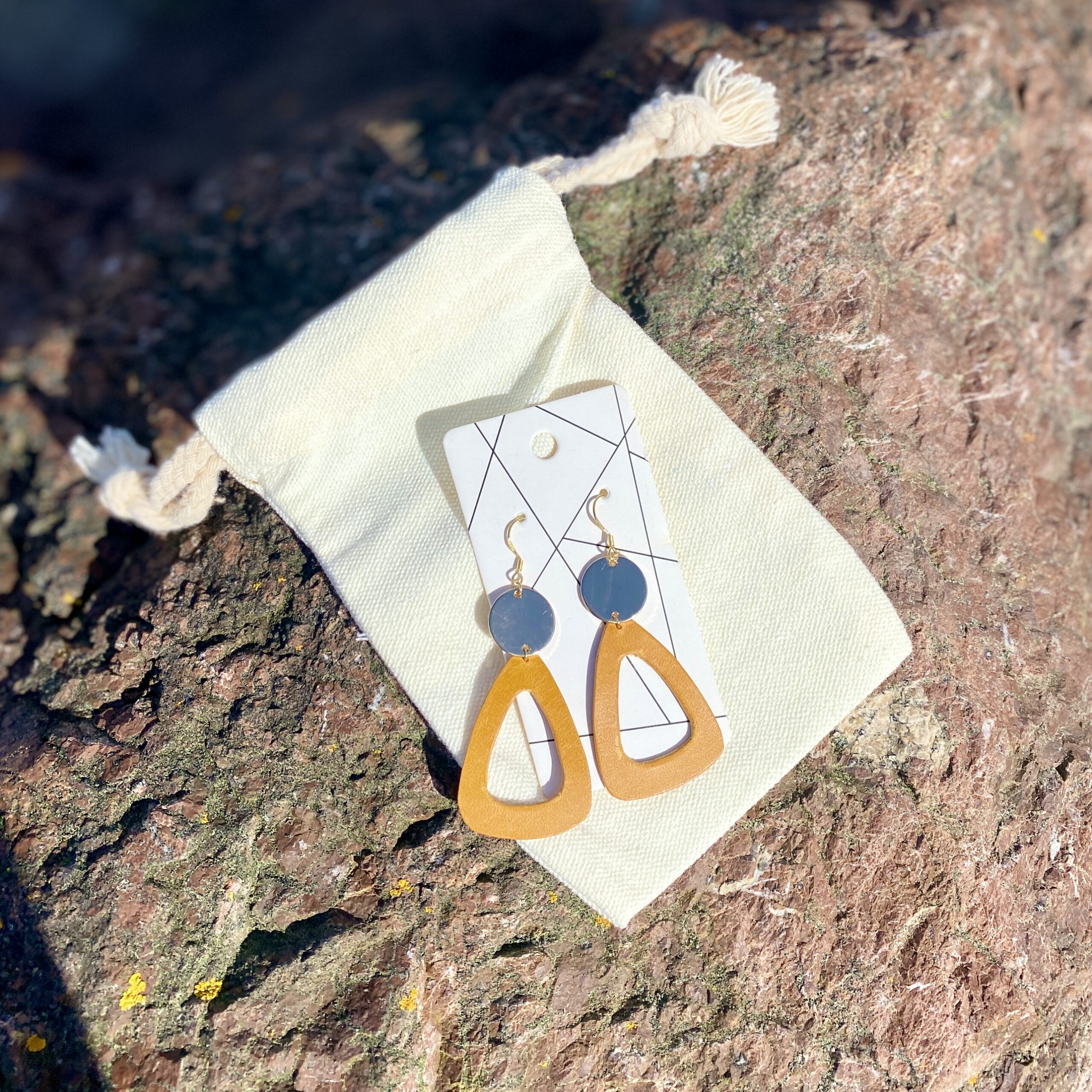 Handcrafted Leather Earrings - Yellow Moon